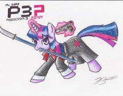 Size: 900x707 | Tagged: safe, artist:shadewingz, twilight sparkle, pony, unicorn, g4, crossover, evoker, gun, magic, mouth hold, naginata, persona, persona 3, simple background, solo, telekinesis, traditional art, unicorn twilight, weapon, white background