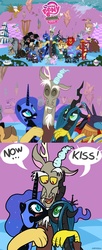 Size: 860x2099 | Tagged: safe, artist:pokehidden, discord, garble, nightmare moon, queen chrysalis, rover, changeling, changeling queen, g4, comic, discord the shipper, female, forced lesbian, fudanshi, kissing, lesbian, lesbian in front of boys, now kiss, ship:chrysmoon, shipper on deck, shipping