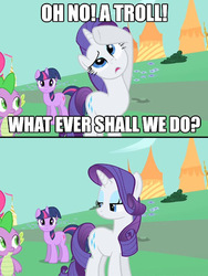 Size: 417x556 | Tagged: safe, rarity, spike, twilight sparkle, g4, caption, image macro, troll