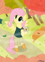 Size: 900x1237 | Tagged: safe, artist:willdrawforfood1, fluttershy, g4, autumn, clothes, coffee, socks, sweater, sweatershy