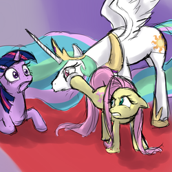 Size: 900x900 | Tagged: safe, artist:celerypony, fluttershy, princess celestia, twilight sparkle, alicorn, pegasus, pony, unicorn, g4, flutterbitch, kick, this will end in tears and/or a journey to the moon