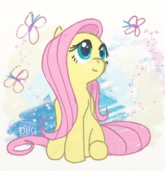 Size: 700x727 | Tagged: safe, artist:zombie-d0g, fluttershy, butterfly, pony, g4, female, sitting, solo