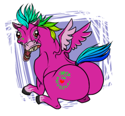 Size: 942x870 | Tagged: safe, artist:sarkyfancypants, oc, oc only, oc:pinkamena dash iii, bags under eyes, butt, colored ears, colored hooves, colored muzzle, colored wings, colored wingtips, donut steel, hoers, multicolored wings, plot, red eyes, sitting, small wings, snot, social justice, spread wings, teeth, vein, wall eyed, wat, wings