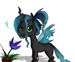 Size: 600x500 | Tagged: safe, artist:pipomanager-mimmi, queen chrysalis, changeling, changeling queen, nymph, g4, adoracreepy, bow, creepy, cute, cutealis, exclamation point, fangs, female, flower, hair bow, shadow, simple background, solo, standing, white background, younger