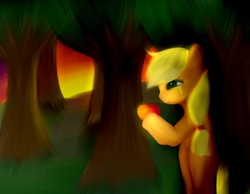 Size: 900x700 | Tagged: safe, artist:pipomanager-mimmi, applejack, earth pony, pony, g4, apple, crying, female, food, forest, solo