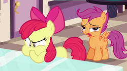 Size: 1000x563 | Tagged: safe, screencap, apple bloom, scootaloo, earth pony, pegasus, pony, g4, hearts and hooves day (episode), female, filly, gagging, hearts and hooves day