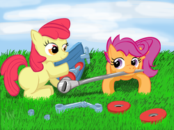 Size: 3200x2400 | Tagged: safe, artist:renigami, apple bloom, scootaloo, g4, high res, scooter, tools