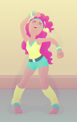 Size: 430x675 | Tagged: safe, artist:super-spaces, pinkie pie, human, g4, 80s, dancing, headband, humanized, leg warmers, scene interpretation, workout outfit, wristband