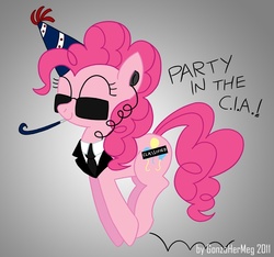 Size: 815x763 | Tagged: safe, artist:gonzahermeg, pinkie pie, earth pony, pony, g4, censored cutie mark, cia, classified, clothes, earbuds, eyes closed, female, hat, hilarious in hindsight, party hat, party horn, party in the cia, pronking, smiling, solo, suit, sunglasses, weird al yankovic