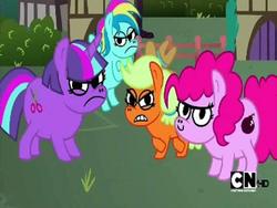 Size: 768x576 | Tagged: safe, applejack, pinkie pie, rainbow dash, twilight sparkle, earth pony, pegasus, pony, unicorn, g4, angry, bipedal, bomb, c:, cartoon network, crossed hooves, expy, frown, glare, gritted teeth, looking at you, mad (tv series), mad magazine, my little pwny, pony cameo, pony reference, scissors, smirk, this will end in pain, this will not end well, weapon