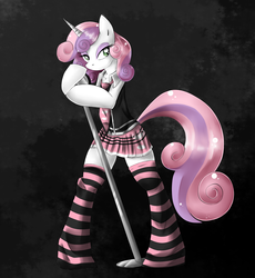 Size: 2300x2500 | Tagged: dead source, safe, artist:rainbowscreen, sweetie belle, anthro, semi-anthro, unguligrade anthro, g4, arm hooves, clothes, female, high res, microphone, necktie, older, skirt, socks, solo, stockings, striped socks, zettai ryouiki