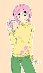 Size: 1500x2500 | Tagged: dead source, safe, artist:rainbowscreen, fluttershy, human, g4, butterscotch, clothes, humanized, rule 63, solo, sweater, sweatershy