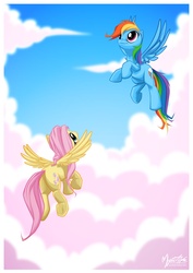 Size: 992x1403 | Tagged: safe, artist:mysticalpha, fluttershy, rainbow dash, g4, cloud, duo, flying, full body, looking at someone, looking up, sky, spread wings, underhoof, wings