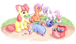 Size: 1200x700 | Tagged: safe, artist:muffinshire, apple bloom, scootaloo, sweetie belle, earth pony, pegasus, pony, unicorn, g4, adorabloom, cute, cutealoo, cutie mark crusaders, diasweetes, first aid, hammer, injured, mouth hold, repairing, scootalove, scooter, screwdriver, teary eyes, toolbox, tools, traditional art