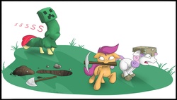 Size: 1271x724 | Tagged: safe, artist:dreigun, apple bloom, scootaloo, sweetie belle, pegasus, pony, unicorn, g4, creeper (minecraft), cutie mark crusaders, disguise, female, filly, foal, minecraft, pickaxe, shovel, trio