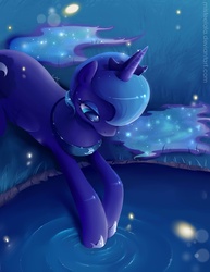 Size: 663x858 | Tagged: safe, artist:misteelala, princess luna, pony, g4, female, night, prone, solo, water