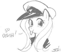 Size: 900x750 | Tagged: safe, artist:johnjoseco, fluttershy, pegasus, pony, g4, :p, captain hat, female, grayscale, hat, mare, monochrome, simple background, solo, tongue out, white background