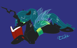 Size: 1294x796 | Tagged: safe, artist:cosmic-rust, queen chrysalis, changeling, changeling queen, g4, alternate hairstyle, book, female, ponytail, reading, transparent wings, wings