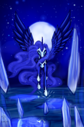 Size: 1073x1603 | Tagged: safe, artist:dalagar, nightmare moon, alicorn, pony, g4, female, gem, mare, moon, night, reflection, solo