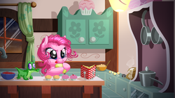 Size: 1600x900 | Tagged: safe, artist:kittehkatbar, gummy, pinkie pie, g4, cupcake, frosting