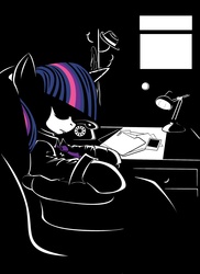 Size: 1699x2335 | Tagged: safe, artist:eternal-equilibrium, twilight sparkle, pony, g4, black and white, clothes, female, grayscale, monochrome, neo noir, noir, partial color, solo, table