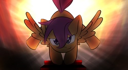 Size: 1960x1080 | Tagged: safe, artist:dshou, scootaloo, g4, backlighting, female, filly, foal, lidded eyes, looking at you, smiling, smiling at you, solo, standing on two hooves