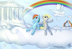 Size: 1280x870 | Tagged: safe, artist:cobaltsnow, derpy hooves, rainbow dash, pegasus, pony, g4, cloud, cloudsdale, cloudy, crepuscular rays, duo, female, fountain, mare, rainbow, signature, sitting, sky, spread wings, underhoof, wingless, wings
