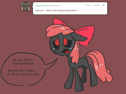 Size: 1280x960 | Tagged: safe, artist:voids-edge, apple bloom, pony, undead, zombie, zombie pony, ask apple bloom, story of the blanks, g4, bad end, blank flank, blanked apple bloom, comic, crying, female, filly, foal, protected apple bloom, red background, red eyes, sad, simple background, solo