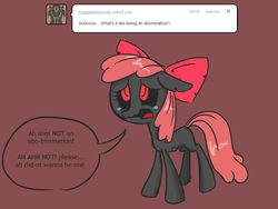 Size: 1280x960 | Tagged: safe, artist:voids-edge, apple bloom, pony, undead, zombie, zombie pony, ask apple bloom, story of the blanks, g4, bad end, blank flank, blanked apple bloom, comic, crying, female, filly, foal, protected apple bloom, red background, red eyes, sad, simple background, solo, soulless