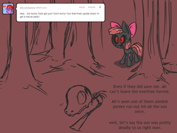 Size: 1280x960 | Tagged: safe, artist:voids-edge, apple bloom, pony, undead, zombie, zombie pony, ask apple bloom, story of the blanks, g4, bad end, blanked apple bloom, comic, female, protected apple bloom, red background, red eyes, simple background, skull, solo