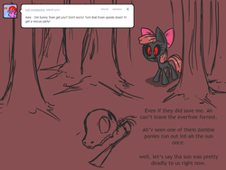 Size: 1280x960 | Tagged: safe, artist:voids-edge, apple bloom, pony, undead, zombie, zombie pony, ask apple bloom, story of the blanks, g4, bad end, blanked apple bloom, comic, everfree forest, female, filly, foal, protected apple bloom, red background, red eyes, simple background, skull, solo, soulless