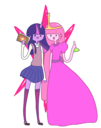 Size: 830x1049 | Tagged: safe, artist:giraffewizardry, twilight sparkle, human, g4, adventure time, clothes, crossover, dress, duo, humanized, male, princess bubblegum, simple background, skinny, skirt, thin, transparent background