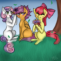 Size: 796x806 | Tagged: safe, artist:mscootaloo, apple bloom, scootaloo, sweetie belle, g4, cutie mark crusaders, flower