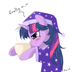 Size: 1000x1000 | Tagged: safe, artist:fiarel, artist:noobpwnerr, twilight sparkle, pony, g4, clothes, coffee, female, hat, morning ponies, nightcap, pajamas, solo