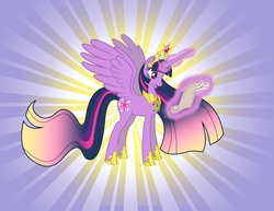 Size: 3300x2550 | Tagged: safe, artist:sapphiregamgee, twilight sparkle, alicorn, pony, g4, big crown thingy, crown, female, high res, hilarious in hindsight, hoof shoes, jewelry, magic, mare, peytral, race swap, regalia, solo, sunburst background, twilight sparkle (alicorn), ultimate twilight