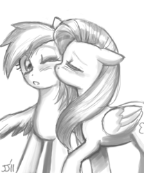 Size: 700x840 | Tagged: safe, artist:johnjoseco, fluttershy, rainbow dash, pegasus, pony, g4, :o, blushing, cheek kiss, female, floppy ears, grayscale, kissing, lesbian, mare, monochrome, open mouth, ship:flutterdash, shipping, simple background, spread wings, white background, wings