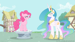 Size: 1000x558 | Tagged: dead source, safe, artist:flausch-katzerl, pinkie pie, princess celestia, alicorn, earth pony, pony, a friend in deed, g4, awkward smile, duo, duo female, female, mare, pedestal, smiling, wide eyes
