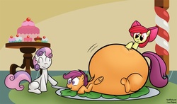 Size: 1024x602 | Tagged: safe, artist:dragovian15, artist:jesseorange, apple bloom, scootaloo, sweetie belle, earth pony, pegasus, pony, unicorn, g4, cutie mark crusaders, fat, female, filly, impossibly large butt, morbidly obese, obese, scootalard, stuffed, stuffing, trio, trio female