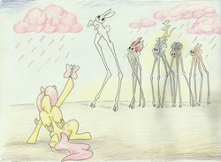 Size: 1000x732 | Tagged: safe, artist:silveranswer, discord, fluttershy, butterfly, girabbit, pegasus, pony, rabbit, g4, chaos, chocolate rain, cloud, cotton candy, cotton candy cloud, female, food, mare, parody, salvador dalí, surreal, the temptation of saint anthony, traditional art