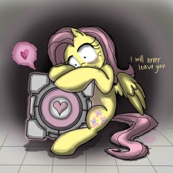 Size: 3000x3000 | Tagged: safe, artist:aprilexi, fluttershy, g4, companion cube, high res, insanity, portal (valve)