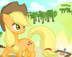 Size: 800x640 | Tagged: safe, artist:accursedknight, applejack, pony, g4, female, looking back, orchard, solo