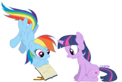 Size: 923x622 | Tagged: safe, artist:chibi95, rainbow dash, twilight sparkle, pegasus, pony, unicorn, g4, book, female, lesbian, reading, ship:twidash, shipping, simple background, transparent background, unicorn twilight