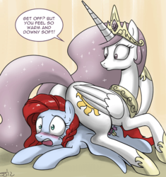 Size: 694x739 | Tagged: safe, artist:johnjoseco, princess celestia, oc, oc:kitsu, alicorn, pegasus, pony, princess molestia, g4, blushing, butt, canon x oc, female, mare, plot, sitting on person, sitting on pony