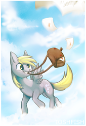 Size: 1433x2111 | Tagged: safe, artist:toshf, derpy hooves, pegasus, pony, g4, bag, cloud, cloudy, female, letter, mail, mare, mouth hold, saddle bag, solo
