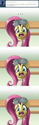 Size: 640x2042 | Tagged: safe, artist:giantmosquito, fluttershy, pegasus, pony, ask-dr-adorable, g4, ask, clothes, comic, female, goggles, lab coat, reaction image, solo, tumblr