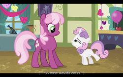 Size: 768x480 | Tagged: safe, screencap, cheerilee, sweetie belle, g4, hearts and hooves day (episode), hearts and hooves day, meme, ponyville schoolhouse, raised leg, youtube caption