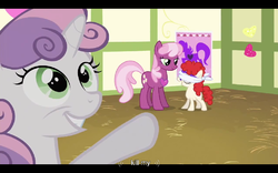 Size: 768x480 | Tagged: safe, screencap, cheerilee, sweetie belle, twist, g4, hearts and hooves day (episode), hearts and hooves day, meme, pin the heart on the pony, ponyville schoolhouse, youtube caption