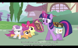 Size: 768x480 | Tagged: safe, screencap, apple bloom, scootaloo, sweetie belle, twilight sparkle, g4, hearts and hooves day (episode), hearts and hooves day, youtube caption