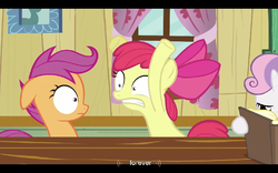 Size: 768x480 | Tagged: safe, screencap, apple bloom, scootaloo, sweetie belle, g4, hearts and hooves day (episode), hearts and hooves day, youtube caption