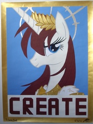 Size: 2112x2816 | Tagged: safe, artist:iceroadlion, oc, oc only, oc:fausticorn, alicorn, pony, create, god empress of ponykind, high res, hope poster, laurel wreath, lauren faust, painting, poster, shepard fairey
